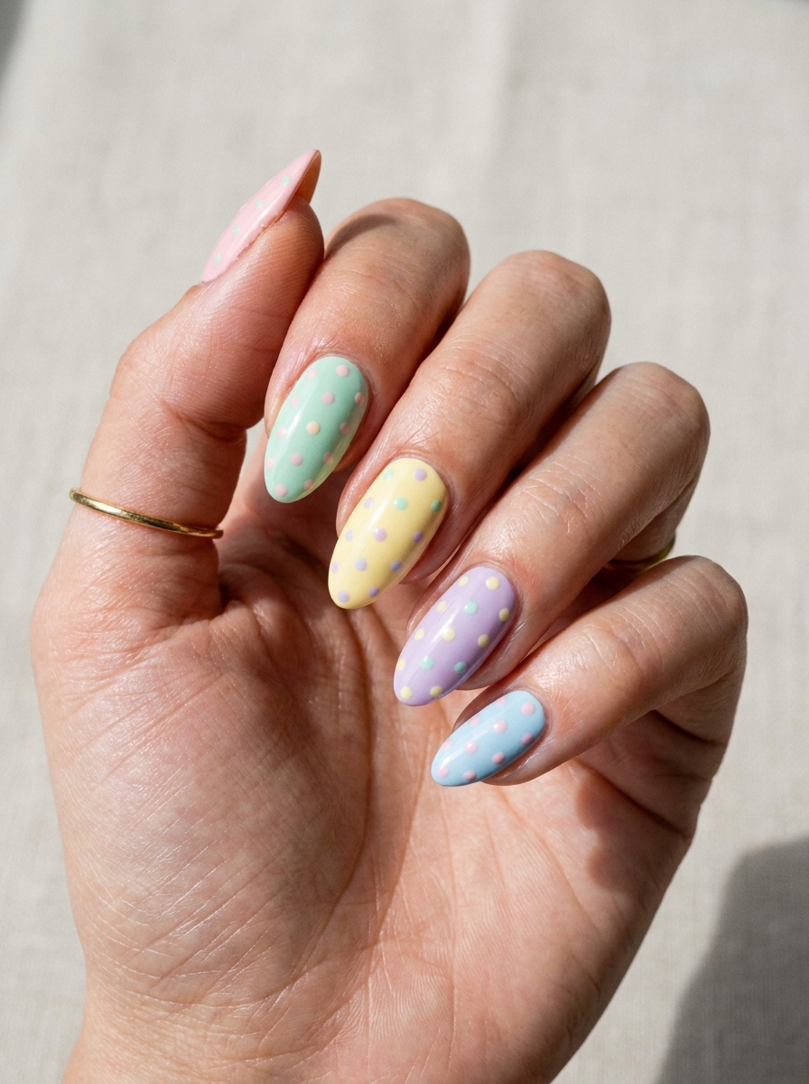 Pastel Polka Dot Nails mit pastellfarbenen Punkten und soften Tönen